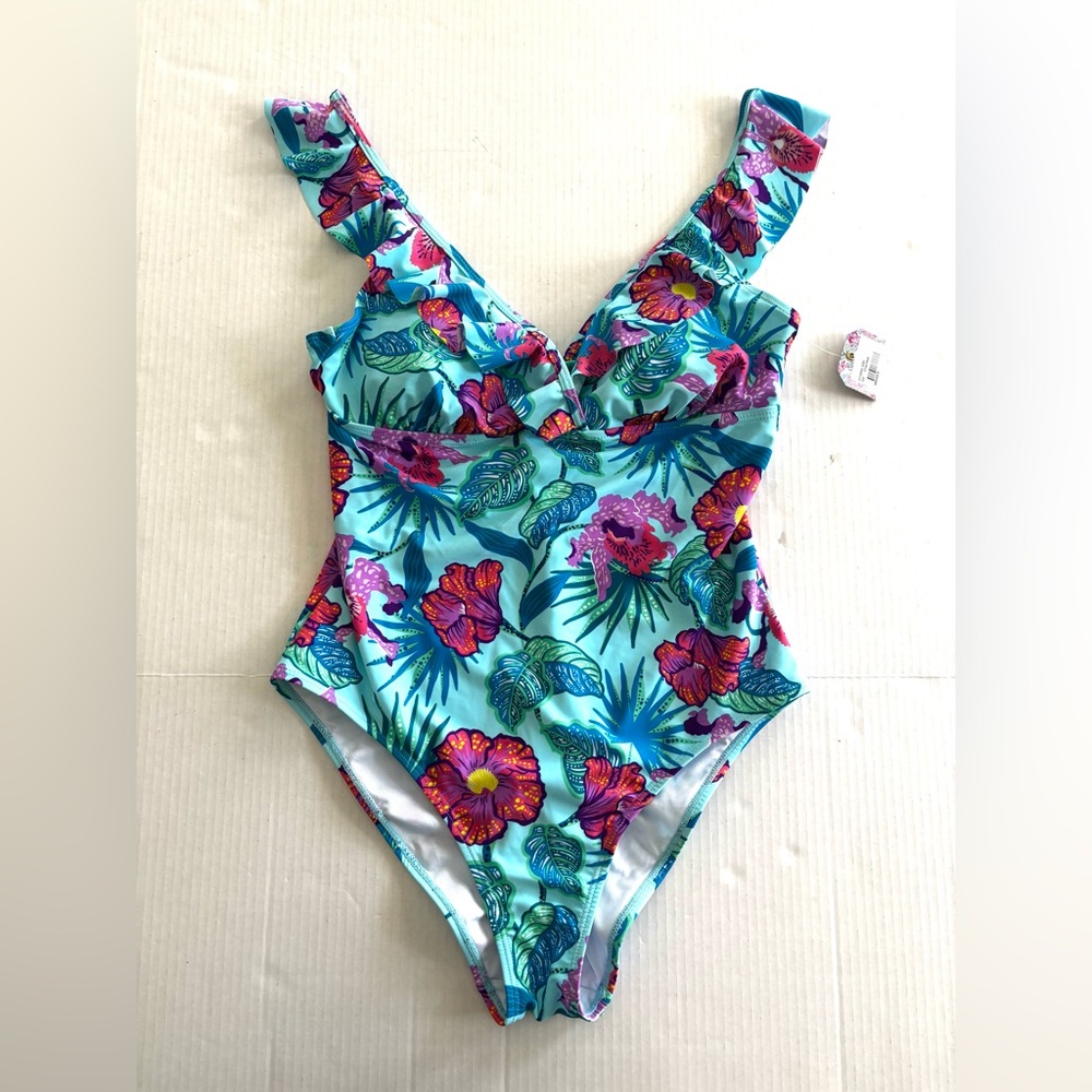 Stella Parker One Piece Ruffle Swimsuit Multicolor Tropical Floral Women’s‎ XL